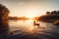 Kayaker man travelling by kayak on the river in a sunny day. Rear view of people in a kayak paddling along a river. Generative AI