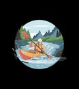 A kayaker navigating through whitewater rapids with mountain background design. Royalty Free Stock Photo