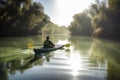 kayaker paddling through calm, serene waters on sunny day