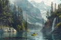 Kayaker paddling in a clear mountain lake with a waterfall and forest backdrop