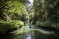 kayaker paddling down tranquil river, with lush greenery visible on the banks