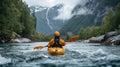 One Kayaker Paddling The Rapids of A Beautiful Mountain River. Generative AI Royalty Free Stock Photo