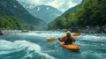 Experienced Kayaker Paddling The Rapids of A Beautiful Mountain River. Generative AI