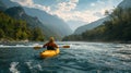 Male Kayaker Paddling The Rapids of A Beautiful Mountain River. Generative AI Royalty Free Stock Photo