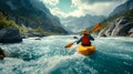 Outdoorsy Kayaker Paddling The Rapids of A Beautiful Mountain River Rapids. Generative AI