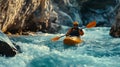 Avid Kayaker Paddling The Rapids of A Beautiful Mountain River. Generative AI Royalty Free Stock Photo