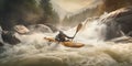 A kayaker paddling through rapids on a rushing river Hype created with generative AI