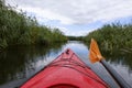 Kayaker point of view. Kayak bow with a view on the river and rushes. River kayaking concept. Active vacations in wild nature