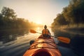 Kayaker travelling by kayak on the river in a sunny day. Rear view of people in a kayak paddling along a river. Generative AI