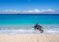 Kayakers on the kayak and a beautiful yacht in the background of clouds on the island of Kefalonia in the Ionian Sea in Greece Royalty Free Stock Photo