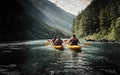 Kayakers paddling through a river or lake Royalty Free Stock Photo