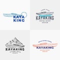 Kayaking Abstract Signs, Symbols or Logo Templates Collection. Hand Drawn Kayak or Canoe Boat and Mountains Lanscape