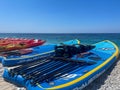 Kayaking on the Beach Concept Photo. Sport Kayak on the Rocky Beach. Royalty Free Stock Photo