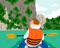 Kayaking at beautiful and exotic river, boy in kayak boat, vector illustration