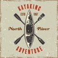 Kayaking colored emblem, badge, label or logo vector illustration in retro style with grunge textures and scratches