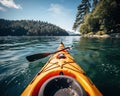 Kayaking on the Lake Concept Photo Sport Kayak on the Rocky Lake Shore Close Up