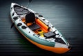 Kayaking on the Lake Concept Photo. Sport Kayak on the Rocky Lake Shore. Close Up Photo.