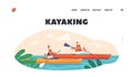 Kayaking Landing Page Template. Team in Rowing Boat Rafting Sports Competition. People Wear Lifesavers Paddling in Canoe