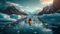 Kayaking men paddle through tranquil arctic landscape generated by AI