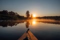 Kayaking on morning river, dawn and morning fog Royalty Free Stock Photo