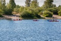 Kayaking on the river in clear weather Royalty Free Stock Photo