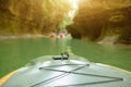 Kayaking on the river. group of people in a boat sailing along the river. Rowers with oars in a canoe. Rafting on a kayak. Leisure