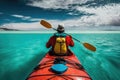 Kayaking in sea man with backpack floats on kayak view from back. Generative AI