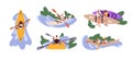 Kayaking sport set. People in boats rowing with paddle. Kayakers men and women on lake, river. Characters during extreme