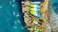 Kayaking. Sup. Aerial view of floating board and people on blue sea at sunny day. Travel and active life image. Mediterranean sea. Royalty Free Stock Photo