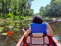 Kayaking A teenage boy in a life jacket is canoeing down the river. Trees grow along the banks. Rear view. Sports tourism and Royalty Free Stock Photo