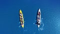 Kayaking top view. Group of kayaks rowing together. Royalty Free Stock Photo