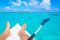 Kayaking in tropical paradise - Canoe floating on transparent turquoise water, caribbean sea, Belize, Cayes islands Royalty Free Stock Photo