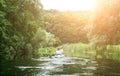 Kayaking under fallen tree Royalty Free Stock Photo