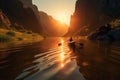 Kayaking in the valley between canyons at the sunset. Generative AI