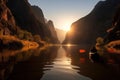 Kayaking in the valley between canyons at the sunset. Generative AI
