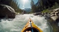 Kayaking in whitewater rapids of mountains river, extreme water sport at outdoor nature, Generative AI