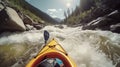 Kayaking in whitewater rapids of mountains river, extreme water sport at outdoor nature, rear view of kayaker man paddling strong Royalty Free Stock Photo