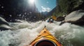 Kayaking in whitewater rapids of mountains river, extreme water sport at outdoor nature, rear view of kayaker man paddling strong Royalty Free Stock Photo