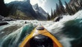 Kayaking in whitewater rapids of mountains river wide angle view, extreme water sport outdoor nature