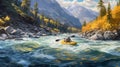 Kayaking in whitewater rapids of mountains river wide. Generative AI