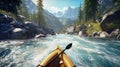 Kayaking in whitewater rapids of mountains river wide. Generative AI