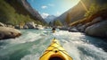 Kayaking in whitewater rapids of mountains river wide. Generative AI