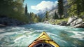 Kayaking in whitewater rapids of mountains river wide. Generative AI