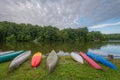 Kayaks along the shore of the lake at Gifford Pinchot State Park, Pennsylvania