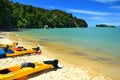 Kayaks on the beach of the Abel Tasman National Park. New Zealand, South Island