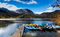 Kayaks and boats in Gull lake, Sierra mountains Royalty Free Stock Photo