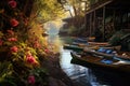 kayaks docked along a riverbank, vibrant foliage