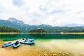 Kayaks docked on the shore of Black Lake, Durmitor National Park, Zabljak, Montenegro. Royalty Free Stock Photo