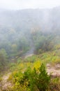 Kayaks on the forest river draped in fog at autumn Royalty Free Stock Photo