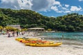 Kayaks lie on the Buccament Bay beach, Saint Vincent island Royalty Free Stock Photo